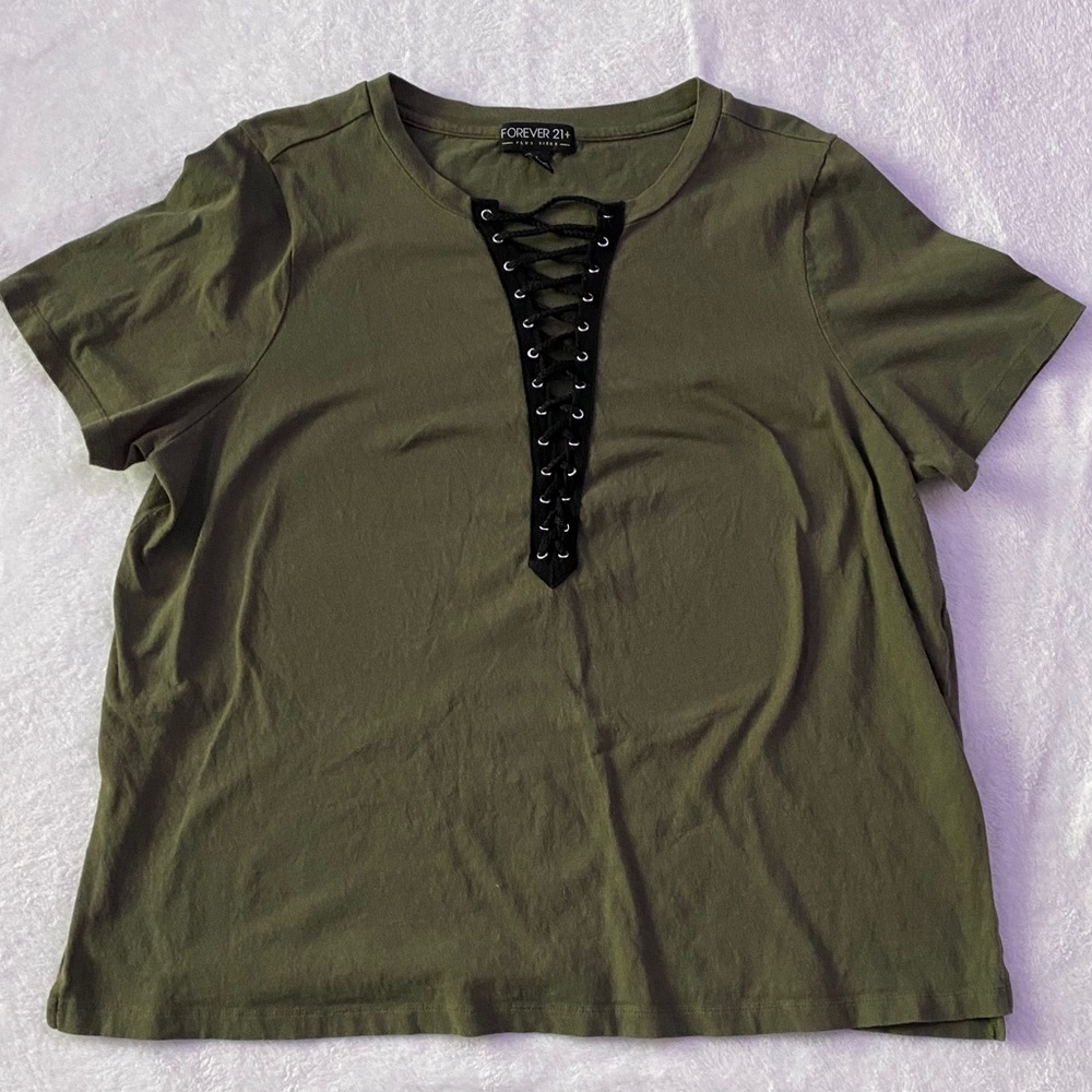 Forever 21+ Olive Green Lace Up Short Sleeve Tee